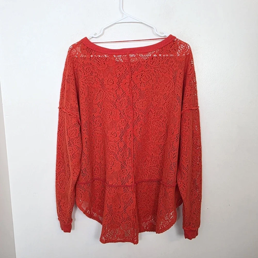 Free People Orange Not Cold In This Lace Oversized Boho Casual Top Sweater Sz S